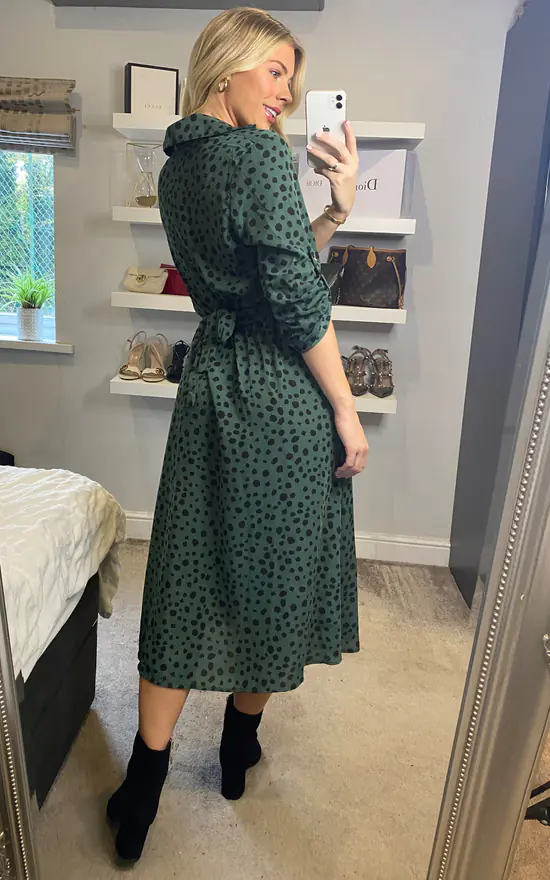Belted Blotch Print Midi Dress In Green - Image 4