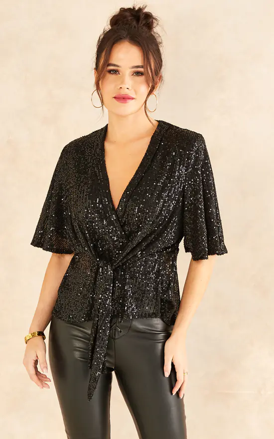 Sequin Kimono Knot Top In Black - Image 3