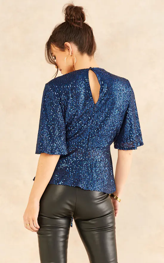Sequin Kimono Knot Top In Navy - Image 4