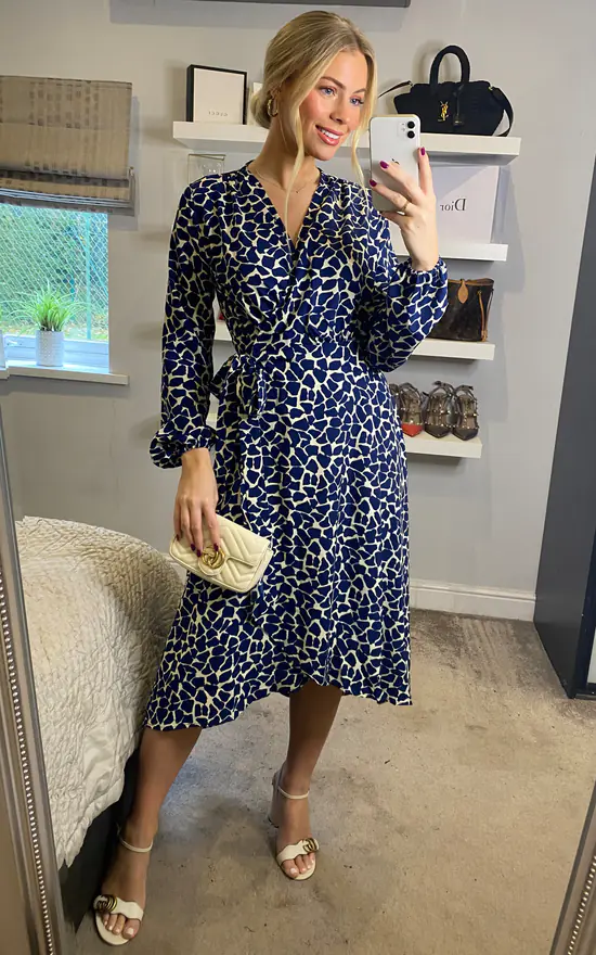 Animal Print Long Sleeve Wrap Dress And Belt Fastening In Blue - Image 2