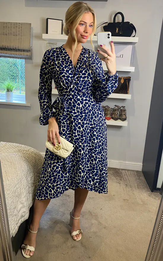 Animal Print Long Sleeve Wrap Dress And Belt Fastening In Blue