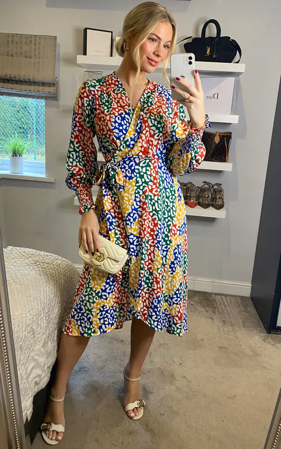 Leopard Print Multicolour Block Smocked Long Sleeve Wrap Dress - Image 2