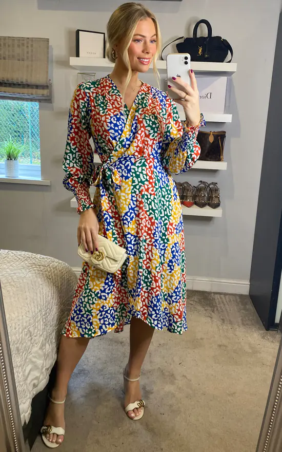 Leopard Print Multicolour Block Smocked Long Sleeve Wrap Dress