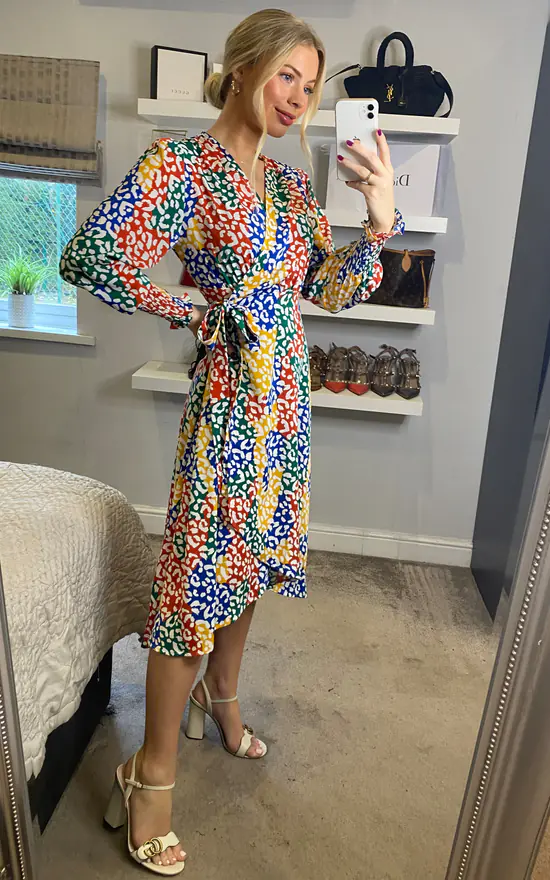 Leopard Print Multicolour Block Smocked Long Sleeve Wrap Dress - Image 3