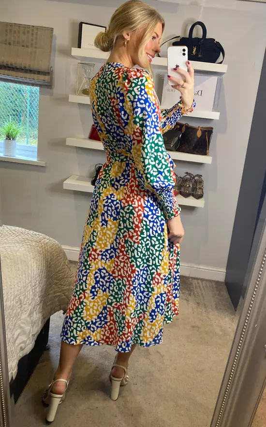 Leopard Print Multicolour Block Smocked Long Sleeve Wrap Dress - Image 4