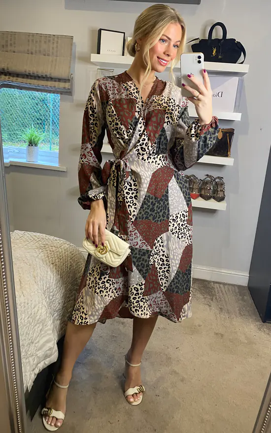 Multicoloured And Colour Block Leopard Print Long Sleeve Midi Wrap Dress - Image 3