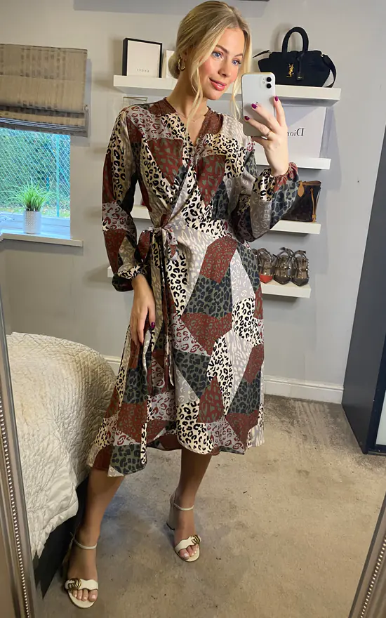 Multicoloured And Colour Block Leopard Print Long Sleeve Midi Wrap Dress