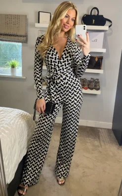 Geo Wrap Over Jumpsuit With Tie Waist