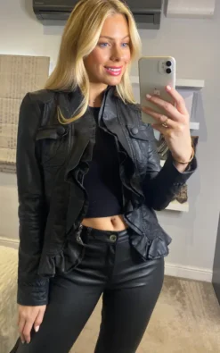 Black Frilled Front Faux Leather Jacket