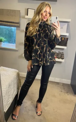 Giraffe Print Pleated High Neck Blouse In Khaki