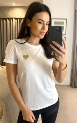 ONLY Short Sleeve T Shirt With Gold Glitter Heart In White