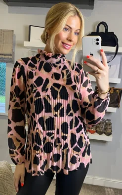 Giraffe Print Pleated High Neck Blouse In Pink