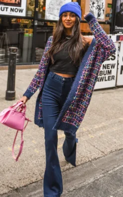 Pink Mix Multi Colour Speckles Boucle Check Cardigan In Navy