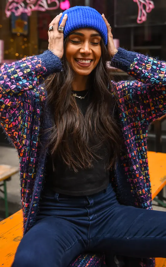 Pink Mix Multi Colour Speckles Boucle Check Cardigan In Navy - Image 3