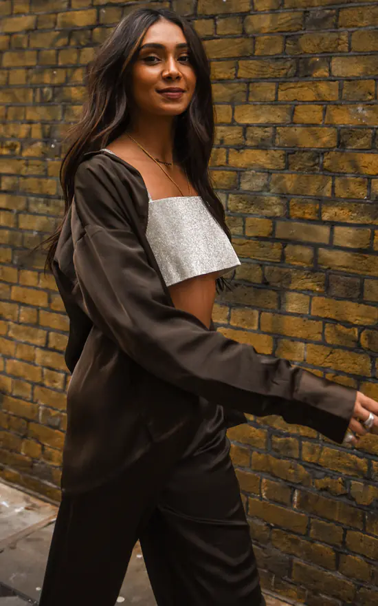 JJXX Satin Shirt In Dark Brown - Image 2