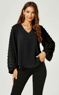 Long Lace Sleeve V Neck Blouse Top In Black