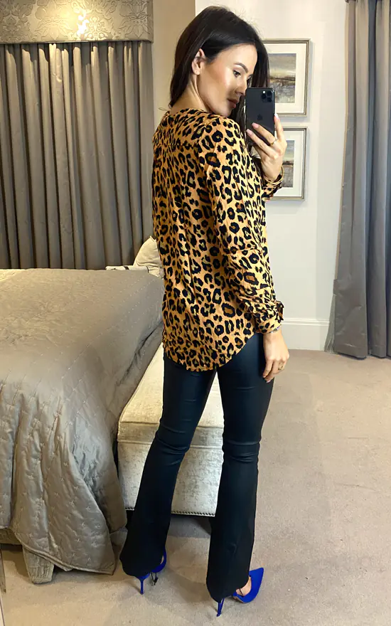 Vila Long Sleeve V Neck Leopard Print Blouse In Brown - Image 4