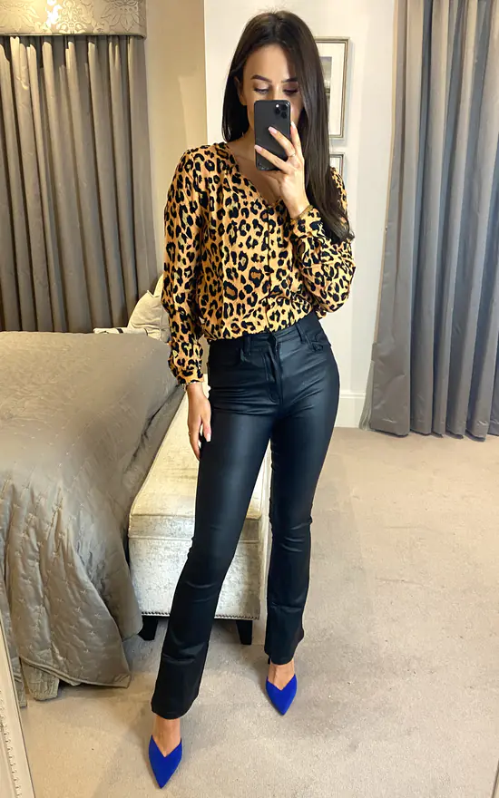 Vila Long Sleeve V Neck Leopard Print Blouse In Brown