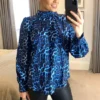 Blue Leopard Print High Neck Blouse