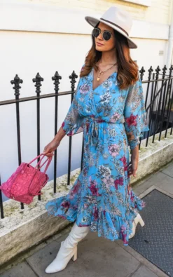 Kimono Sleeve Floral Maxi Wrap Dress In Blue