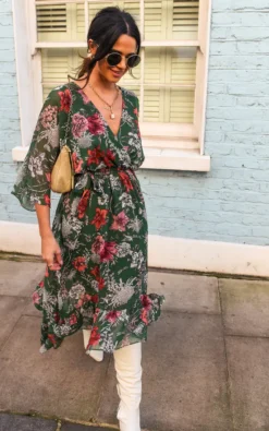 Kimono Sleeve Floral Maxi Wrap Dress In Green