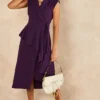 Wrapover Midi Peplum Frill Dress Purple