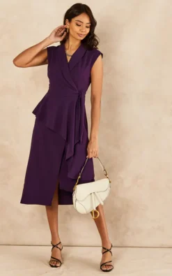 Wrapover Midi Peplum Frill Dress Purple