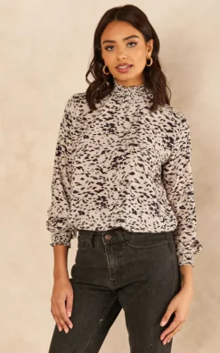 High Neck Long Sleeve Oversize Top In Beige Leopard Print