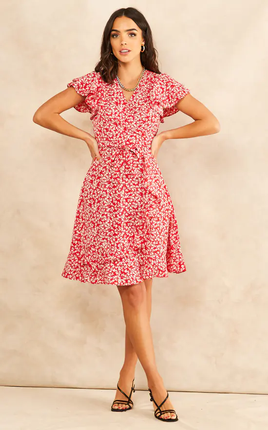 Ruffle Sleeve Floral Wrap Midi Dress In Red - Image 2
