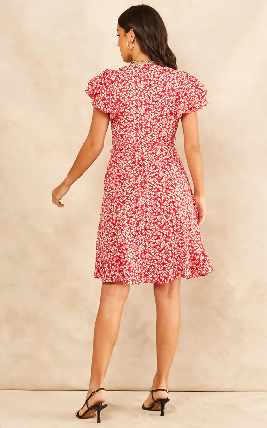 Ruffle Sleeve Floral Wrap Midi Dress In Red - Image 4