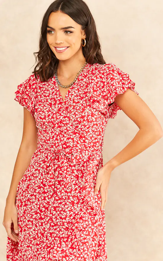 Ruffle Sleeve Floral Wrap Midi Dress In Red - Image 3
