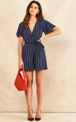 Ruffle Sleeve Polka Dot Wrap Romper Playsuit In Blue