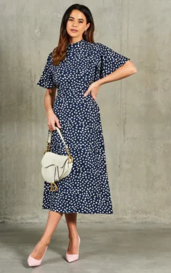 Courtney High Neck Angel Sleeve Midi Dress In Navy/White