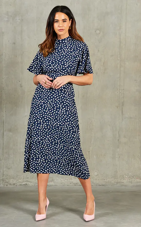 Courtney High Neck Angel Sleeve Midi Dress In Navy/White - Image 2