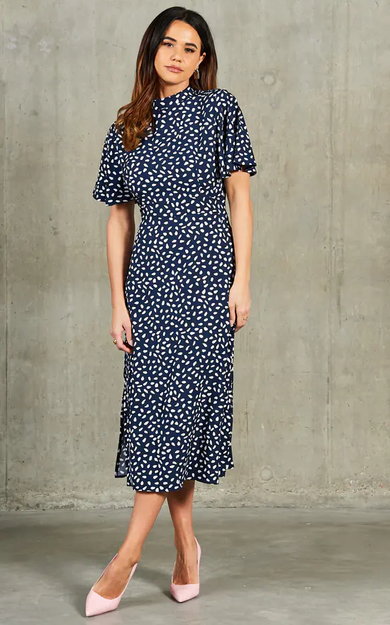 Courtney High Neck Angel Sleeve Midi Dress In Navy/White - Image 3