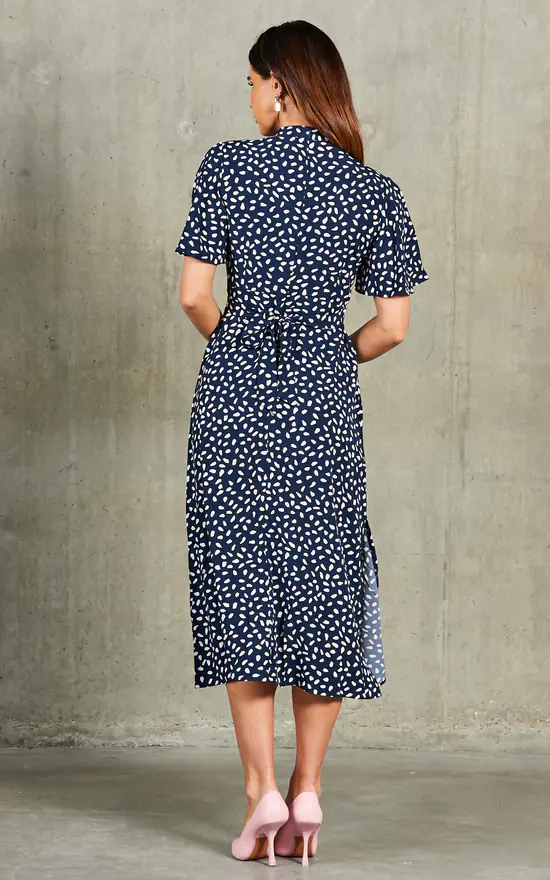 Courtney High Neck Angel Sleeve Midi Dress In Navy/White - Image 4