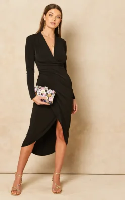 Wrap Midi Long Sleeve Dress In Black