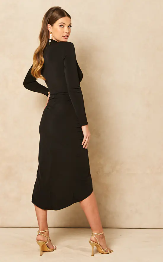Wrap Midi Long Sleeve Dress In Black - Image 4