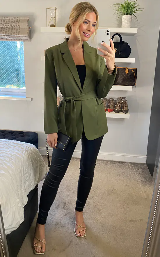 Yumi Tie Waist Wrap Blazer In Khaki - Image 3