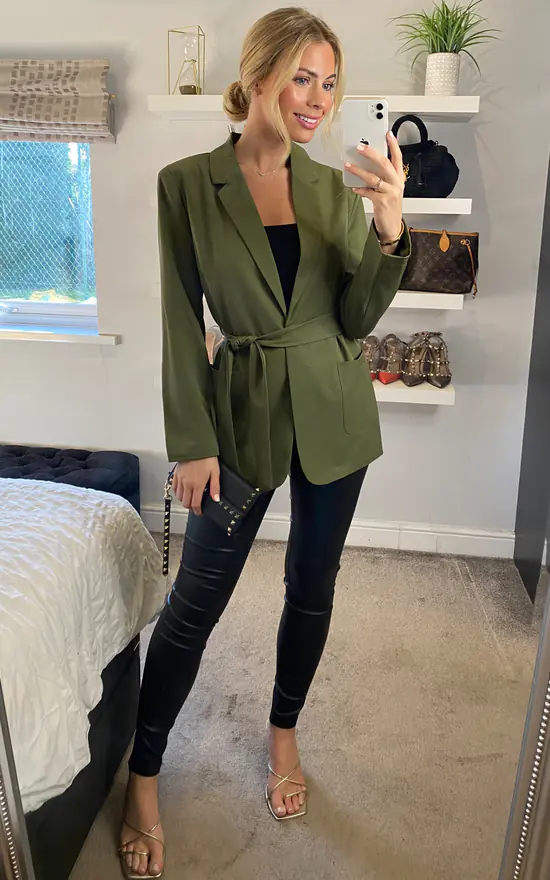Yumi Tie Waist Wrap Blazer In Khaki