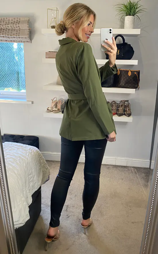 Yumi Tie Waist Wrap Blazer In Khaki - Image 4