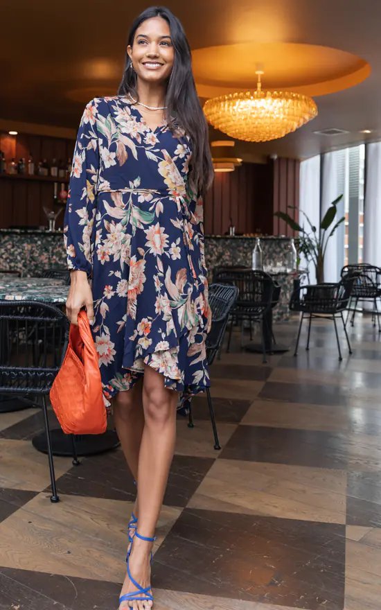 Split Sleeve Floral Wrap Dress In Navy - Image 2