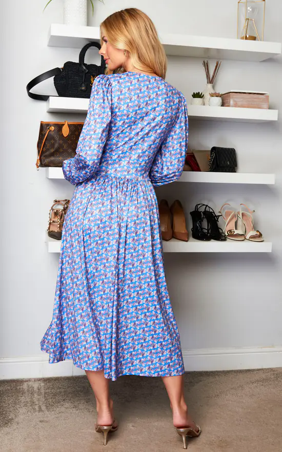 Jolie Moi Libby Long Sleeve Midi Dress, Blue Floral - Image 4