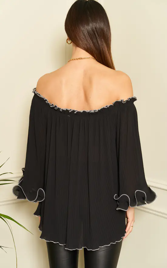 Black Contrast Stitch Long Sleeve Ruffle Bardot Blouse - Image 4