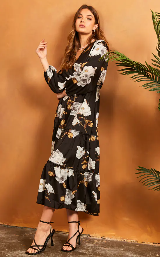 V Neck Floral Long Sleeve Maxi Dress In Black - Image 2