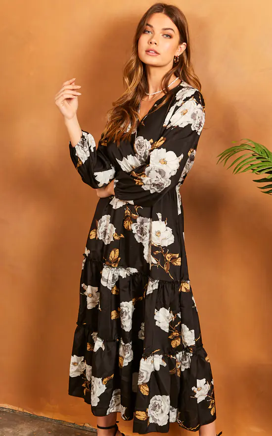V Neck Floral Long Sleeve Maxi Dress In Black - Image 3