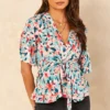 Abstract Floral Wrap Tie Waisted Top In Teal Pink