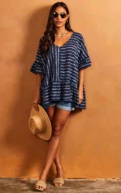 Striped Frill Hem Top In Navy And White