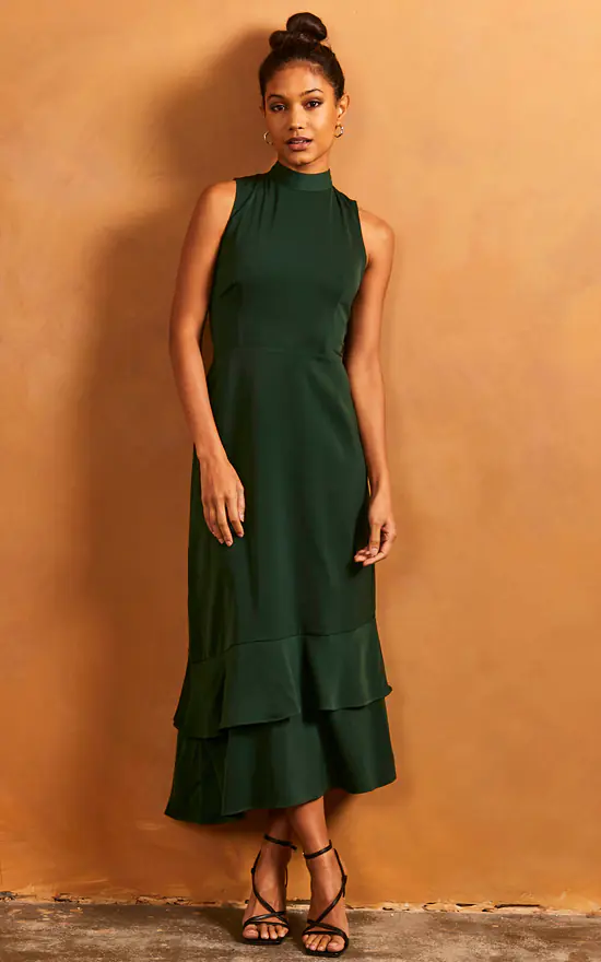 Ruffle Hem High Neck Sleeveless Dress In Green - Image 2