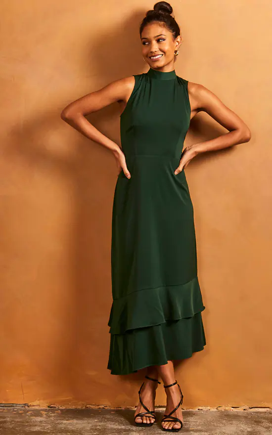 Ruffle Hem High Neck Sleeveless Dress In Green